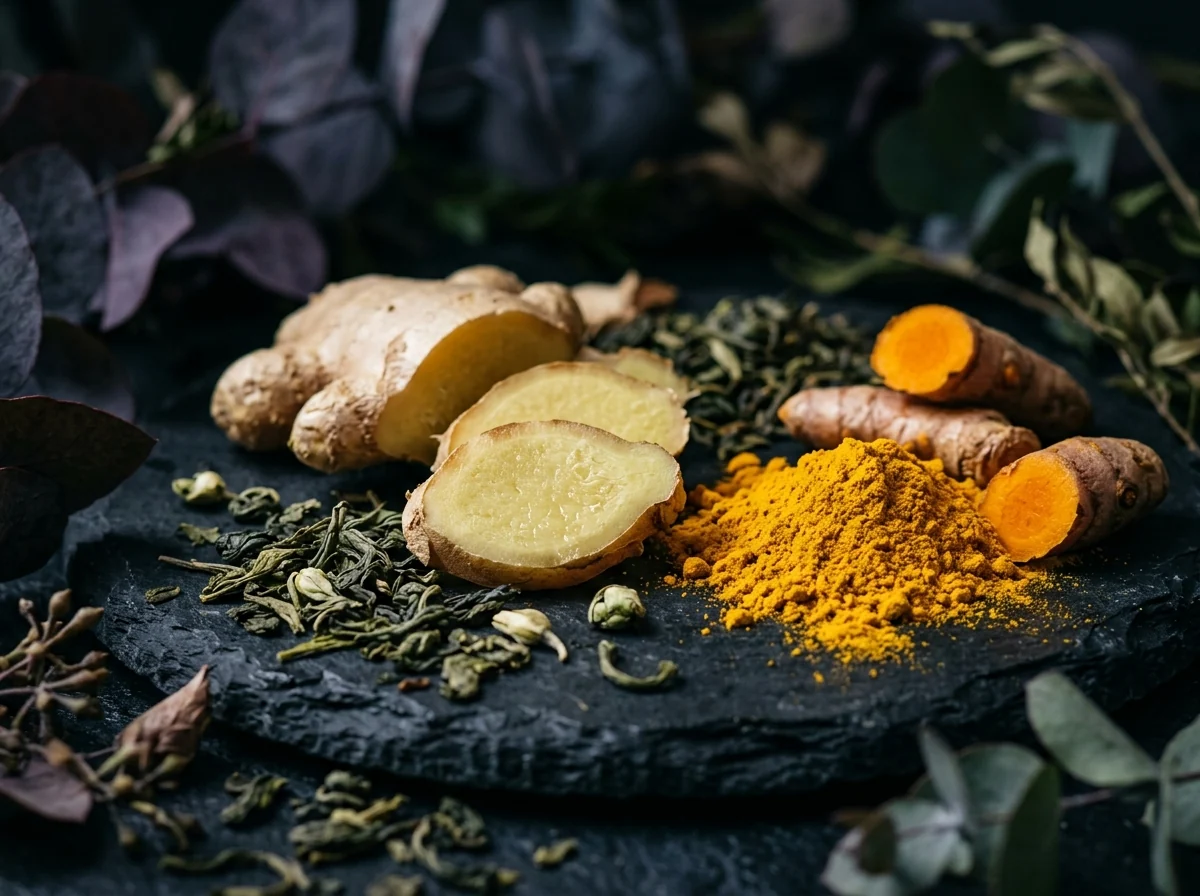 Macro close-up gemberwortel, groene theeblaadjes en kurkuma op donker basalt, plantaardige supplement ingrediënten voor ondersteuning normale spijsvertering kruiden