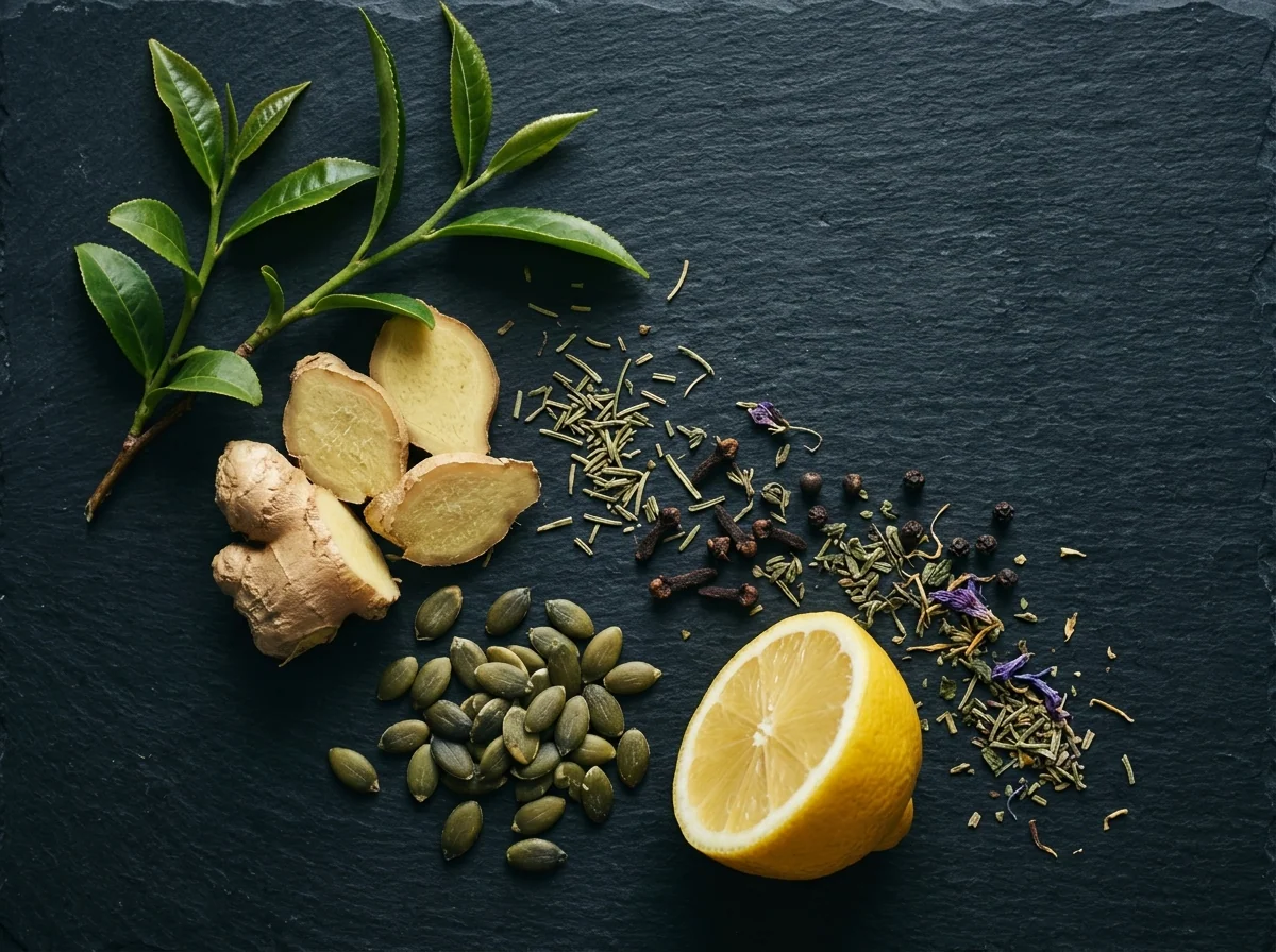 Verse gemberwortel, groene thee bladeren en pompoenpitten op donker leisteen - voedingssupplement met groene thee en gember