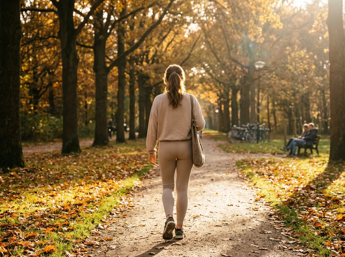 Anonieme vrouw van achteren lopend in een park, actieve leefstijl dagelijkse routine met plantaardige capsules