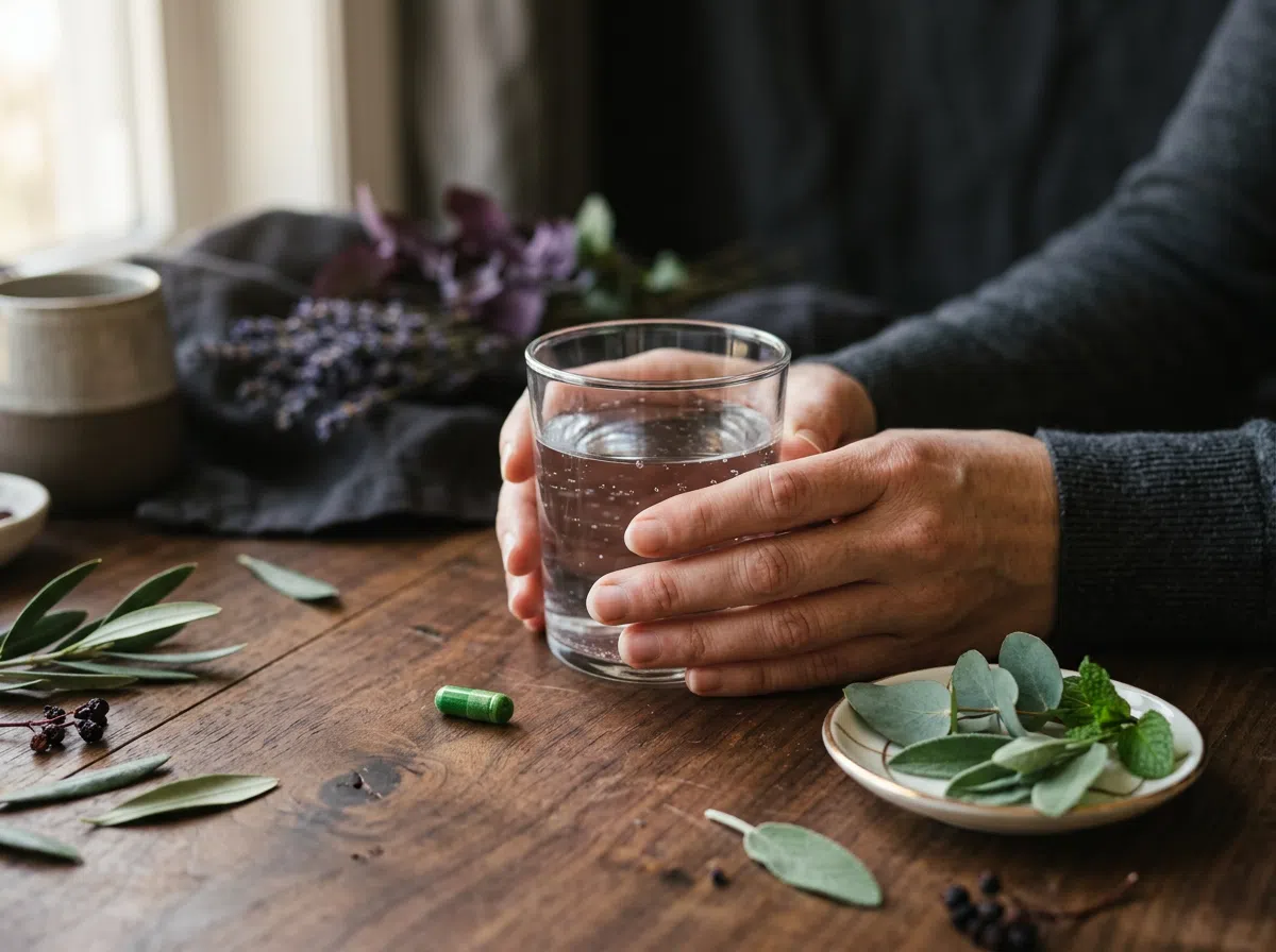 Handen met glas water en plantaardig supplement capsule op houten tafel, GMP supplement EU plantaardig capsules