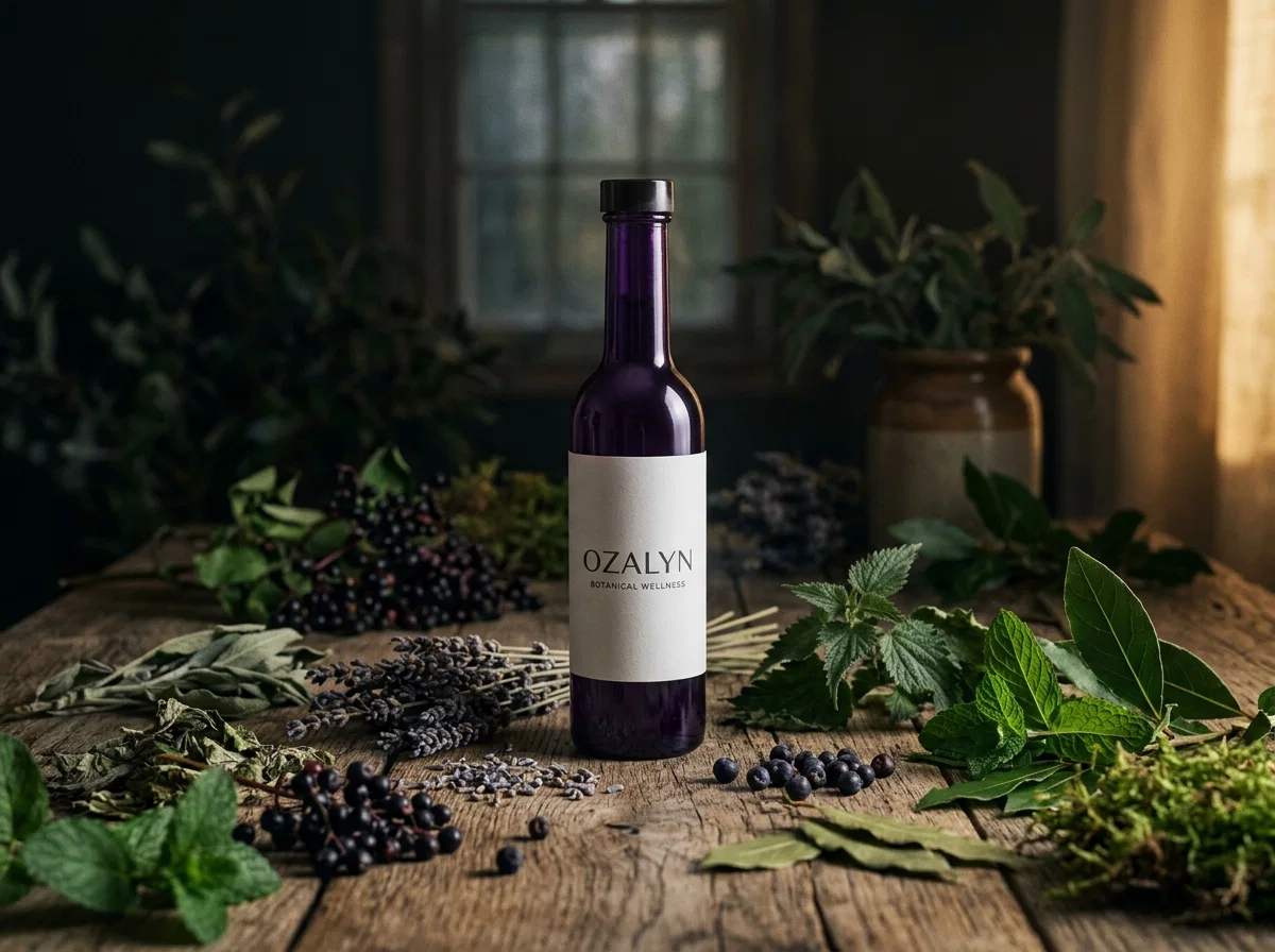Ozalyn supplement fles op houten tafel omringd door kruiden en groene bladeren