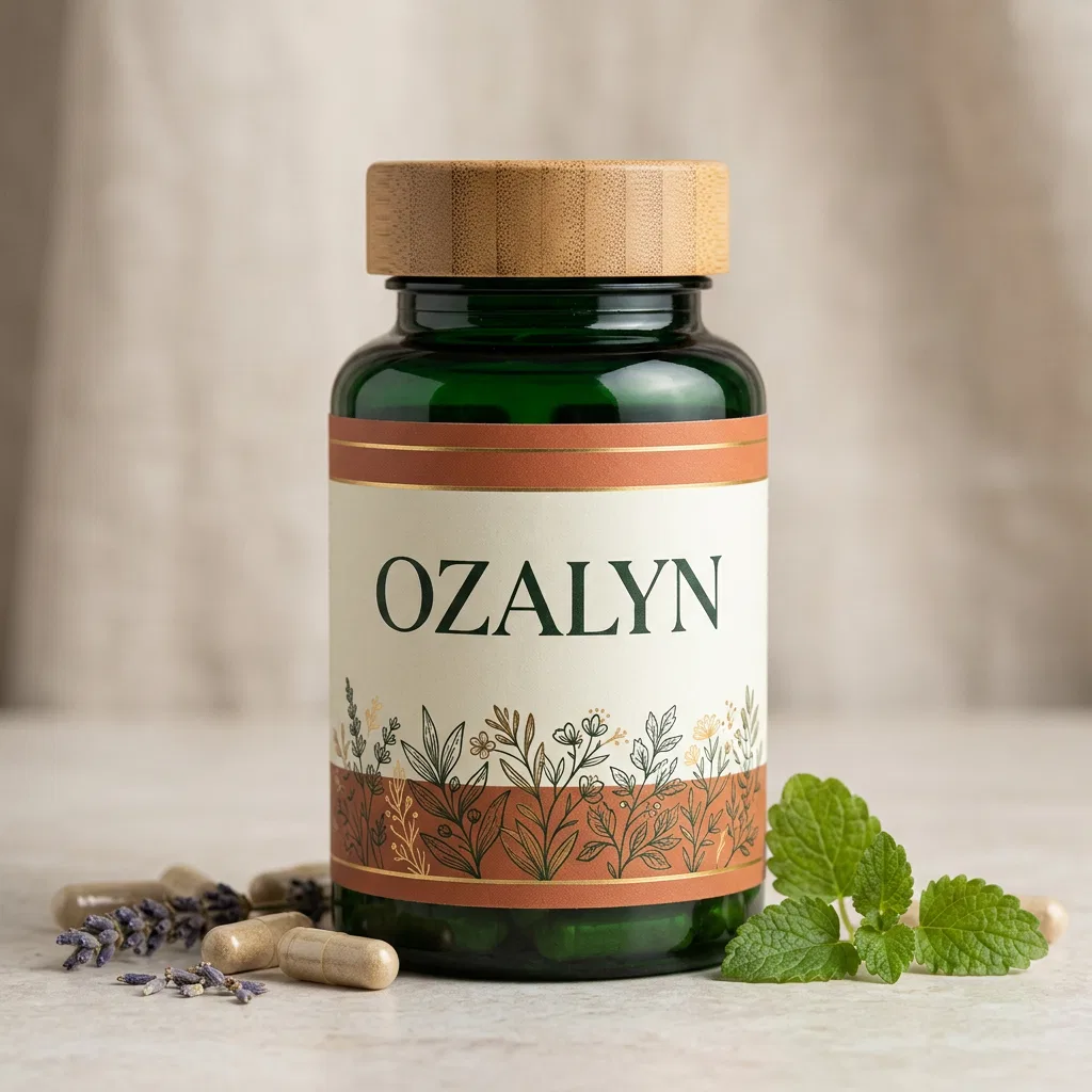 Ozalyn plantaardig voedingssupplement fles, slanke donkerpaarse glazen fles met wit etiket