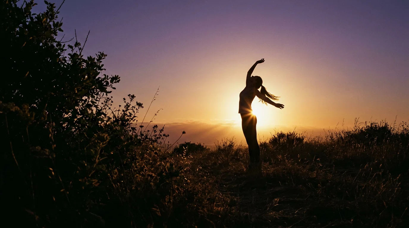 Artistiek silhouet van een anonieme figuur tegen een warme zonsondergang, actieve levensstijl wellness